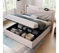 KUAKE Letto matrimoniale imbottito, 160 x 200, cassapanca con funzione di ricarica USB tipo C, testiera, struttura in lino, letto per ragazzi con rete a doghe (160 x 200 cm, bianco)