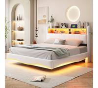 KUAKE Letto matrimoniale imbottito 160 x 200 cm, multifunzionale con luce a LED, interfaccia USB e tipo C, tessuto di lino (beige, 160 x 200 cm)
