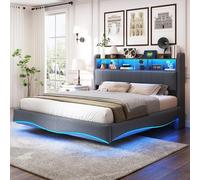 KUAKE Letto matrimoniale imbottito 160 x 200 cm, multifunzionale con luce LED, interfaccia USB e tipo C, tessuto di lino (grigio, 160 x 200 cm)