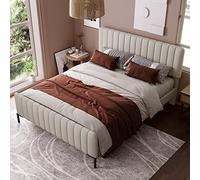 KUAKE Letto matrimoniale imbottito 160 x 200 cm, struttura letto con rete a doghe e testiera regolabile, rete a doghe in legno e lino, letto imbottito beige e grigio (160 x 200 cm)