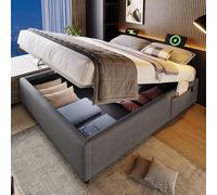 KUAKE Letto matrimoniale imbottito 160 x 200 cm, struttura letto con rete a doghe USB- C e rete a doghe intera, senza testiera, cotone (grigio, 160 x 200 cm)