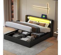 KUAKE Letto Matrimoniale Imbottito 160x200 cm con Testiera LED, Altoparlante Bluetooth e Ricarica USB in Ecopelle, Letto Imbottito con Piazza e Rete a Doghe, Senza Materasso (Nero, 160x200cm)