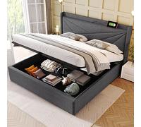 KUAKE Letto matrimoniale imbottito, 180 x 200, cassapanca con funzione di ricarica USB tipo C, testiera, struttura in lino, letto per ragazzi con rete a doghe (180 x 200 cm, grigio)