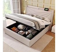 KUAKE Letto matrimoniale imbottito, 180 x 200, cassapanca con funzione di ricarica USB tipo C, testiera, struttura in lino, letto per ragazzi con rete a doghe (180 x 200 cm, bianco)