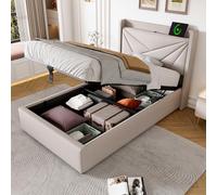 KUAKE Letto matrimoniale imbottito, 90 x 200, contenitore con funzione di ricarica USB tipo C, testiera, struttura in lino, letto per ragazzi con rete a doghe (90 x 200 cm, bianco)