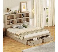 KUAKE Letto Matrimoniale in Legno 160x200 cm con Porta USB, 2 Cassetti Contenitore e Testata, Struttura con Doghe in Legno, Senza Materasso (Naturale)