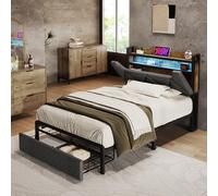 KUAKE Letto singolo imbottito 90 x 200 cm, con funzione di ricarica USB tipo C, testiera LED e 2 cassetti, altezza regolabile, rete a doghe in legno senza materasso (90 x 200 cm)