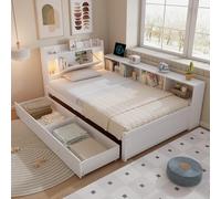 KUAKE Letto singolo, testiera con vano portaoggetti + 2 luci, con presa di ricarica, armadi laterali e cassetti, bianco, 90 x 200 cm