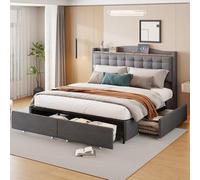 KUAKE Matrimoniale Contenitore 160x200 cm, Letto Imbottito con 4 Cassetti e USB Funzione, Letto con Stoccaggio, Bed Frame con Testata e Rete a Doghe, Linen, Senza Materasso (Grigio scuro)