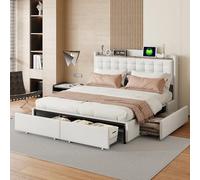 KUAKE Matrimoniale Letto Contenitore 160x200 cm, Imbottito con 4 Cassetti e USB Funzione, Letto con Stoccaggio, Bed Frame con Testata e Rete a Doghe, Linen, Senza Materasso (Beige)