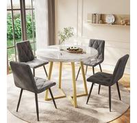 KUAKE Moderno Set Tavolo da Pranzo Rotondo in MDF Bianco con Gambe in Metallo Dorato e 4 Sedie in Velluto (Grigio-A)