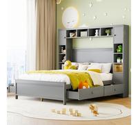 KUAKE Struttura letto con vano portaoggetti, letto matrimoniale 140 x 200 cm, con 4 cassetti e grande armadio in legno massiccio, con rete a doghe (grigio)
