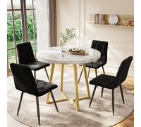 KUAKE Tavolo da pranzo con 4 sedie rotondo, set da pranzo per 4 persone, in velluto, tavolo da pranzo con gamba dorata, per sala da pranzo e soggiorno, tavolo in MDF (nero-A)
