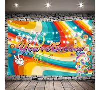 KUBDPQOR Fondale per Photo Booth di Feste Fluo - Tessuto Polyester con Design Anni '60 - Bombola Elio per Palloncini, Ideale per Feste Arcobaleno e Matrimoni