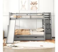 kubeier Letto per Bambini 90 x 200 cm sopra 140 x 200 cm, Letto a Castello Basso con vano portaoggetti e Scivolo, Struttura in Legno Massiccio con Rete a doghe e cassetti, Grigio