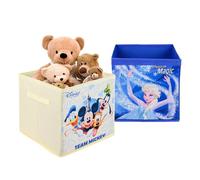 Kuber Industries Confezione da 2 scatole portaoggetti quadrate per giocattoli, organizer per vestiti, libri, giocattoli, cancelleria, cassetti con manico, stampa Disney, crema e blu