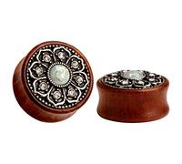 KUBOOZ (1 paio di tappi per le orecchie a forma di fiore in stile vintage, con opale centrale, per tunnel e barella, Opale, legno, opale di legno