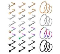 Kucheed 36 Pezzi di Orecchini 20G Acciaio Chirurgico, Forma Cerchio e L, Anelli Setto Naso, Cartilagine, Labbro