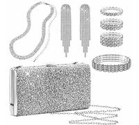 Kucheed 5 Pezzi Argento Borsa Della Frizione Parure di Gioielli da Donna, Pochette da Sera Glitterata Collana Girocollo con Strass Bracciale Orecchini con Frange Pendenti in Cristallo per la Festa