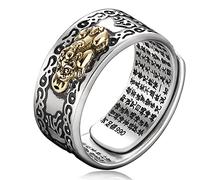 Kucheed Anello Feng Shui PiXiu Mantra, Anelli di Barretta Buona Fortuna Buddista d'Argento,Mani Amuleto Mantra Gioielli,Regalo per Fascia Regolabile con Anello Aperti Vintage per Uomo Donna (A)