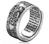 Kucheed Anello Feng Shui PiXiu Mantra, Anelli di Barretta Buona Fortuna Buddista d'Argento,Mani Amuleto Mantra Gioielli,Regalo per Fascia Regolabile con Anello Aperti Vintage per Uomo Donna (B)