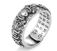 Kucheed Anello Feng Shui PiXiu Mantra, Anelli di Barretta Buona Fortuna Buddista d'Argento,Mani Amuleto Mantra Gioielli,Regalo per Fascia Regolabile con Anello Aperti Vintage per Uomo Donna (H)