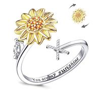 Kucheed Anello Fidget Per Donna, Anello Spinner Regolabile Con Girasole, Cerchio Con Lettera Di Ansia Antistress Impilabile in Argento, Inciso 'You Are My Sunshine'All Interno Del Gioiello(X)