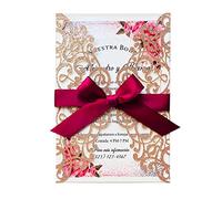KUCHYNEE 20 pezzi Invito a nozze con pizzo Flora tagliato al laser, con bowknot bordeaux, inviti matrimonio fidanzamento incl Busta (Oro rosa glitter)
