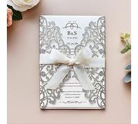KUCHYNEE 20 Pezzi Invito a nozze tagliati al laser Argento con nastri avorio e buste, per matrimonio festa di fidanzamento compleanno sposa doccia (glitter argentato)