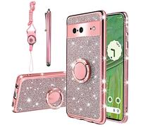 KuDiNi Custodia da donna per Google Pixel 7 5G 2022 in morbido TPU trasparente, lussuosa e graziosa, con cinturino per cavalletto (rosa glitterato)