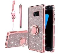KuDiNi Custodia per Galaxy S7 Edge, con glitter rosa in morbido TPU trasparente, custodia protettiva con cavalletto per S7 Edge