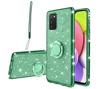 Kudini Custodia per Samsung Galaxy A03S, custodia per Samsung Galaxy A03S da donna in morbido TPU trasparente glitterato di lusso con cinturino per Samsung Galaxy A03S (verde glitterato)