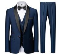 KUDMOL Completo da uomo 3 pezzi slim fit con revers sciallato e un bottone, per matrimonio, ballo di fine anno, giacca, gilet e pantaloni, Blu scuro, S