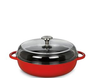 Küchenprofi Provence - Padella rotonda in ghisa smaltata, rosso/interno nero, 24 cm, con coperchio alto in vetro, adatta a tutti i piani cottura, inclusa induzione, casseruola con coperchio