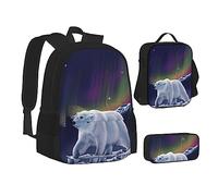 KUEhhhr Northern Lights Polar Bear - Set di borse per la scuola con borsa per il pranzo, astuccio per matite, zaino da viaggio per computer portatile, set da 3 pezzi, Orso polare Northern Lights, One