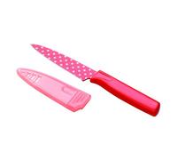 Kuhn Rikon - Coltello da Cucina in Acciaio al Carbonio Original Gerti Gundel, con coprilama, Lama a Pois Bianchi da 9,5'' Rosso