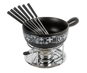 KUHN RIKON Set per fonduta di formaggio Suisse nero, Ø 23 cm, 2,6 litri, ideale per 4-6 persone per amici e familiari, il set contiene 6 forchette, un chicco e un bruciatore per pasta