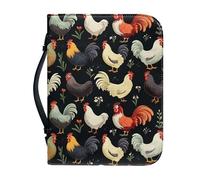 Kuiaobaty Borsa con stampa di galline con cerniera, custodia nera per il trasporto del libro con maniglia, in pelle PU con gallo e gallina