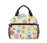 Kuiaobaty Borsa per il pranzo con stampa di caramelle e snack per bambini, riutilizzabile, isolata, imballata, con tasche laterali in rete, borsa termica per attività all'aperto, scuola, picnic