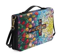 Kuiaobaty Custodia per bibbia con croce e fiori con tracolla in pelle PU vegana, borsa organizer per libri d'arte in vetro colorato, protezione per preghiera e bibbia, XL