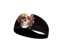 Kuiaobaty Fascia per capelli da allenamento con teschi gotici per donna, da uomo, con bandana sportiva, turbante, teschio, fiore, fascia per capelli nera