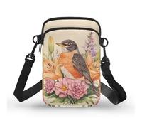 Kuiaobaty Mini borsa a tracolla per cellulare, da donna, piccola borsa a tracolla con tasche multiple con cerniera, Robin Bird Fiori, Taglia unica