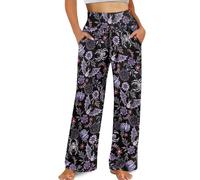 Kuiaobaty Pantaloni da donna a gamba larga con tasche, stile gotico, a vita alta, gamba dritta, leggings da yoga, Ragno pipistrello viola floreale, L