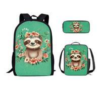Kuiaobaty Set di 3 borse da scuola con bradipo carino per ragazze, zaino con bradipo e fiori in stile cartone animato, con borsa per il pranzo, 3 set leggero con astuccio, Fiori di bradipo