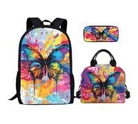 Kuiaobaty Set di 3 zaini con simpatici animali con manico, borsa per il pranzo, astuccio, zaino leggero per la scuola elementare, Farfalla Splash Color