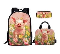 Kuiaobaty Set di 3 zaini con simpatici animali con manico, borsa per il pranzo, astuccio, zaino leggero per la scuola elementare, Fiori di maiale da fattoria