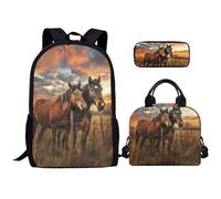 Kuiaobaty Set di 3 zaini per bambini con astuccio, borsa per il pranzo, zaino leggero con cavalli colorati, Cavalli da fattoria
