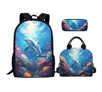 Kuiaobaty Set di 3 zaini per bambini con astuccio, borsa per il pranzo, zaino leggero con cavalli colorati, Delfino oceano