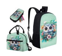 Kuiaobaty Set di 3 zaini per bambini con motivo floreale e mucca e gufo, motivo animali estetici, 43,2 cm, astuccio per il pranzo, Fiori di gufo carino