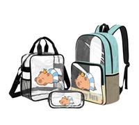 Kuiaobaty Set di 3 zaini trasparenti con borsa per il pranzo, 43,2 cm, con tasca laterale, per bambini, scuola, attività all'aperto, Felice Capibara, M, Casual